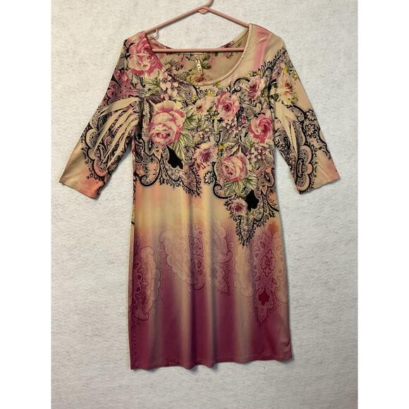 Floral Dress Womens Petite Small Pink Peach Ombre 3/4 Sleeve Stretch Made USA - Picture 1 of 7